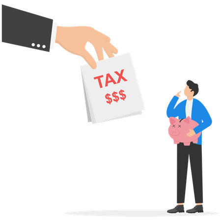 Entrepreneur holding saving piggy bank looking at tax bills  Illustration