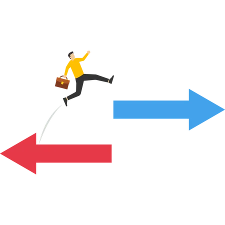 Investisseur entrepreneur sautant de la flèche rouge à la flèche bleue vers le haut  Illustration