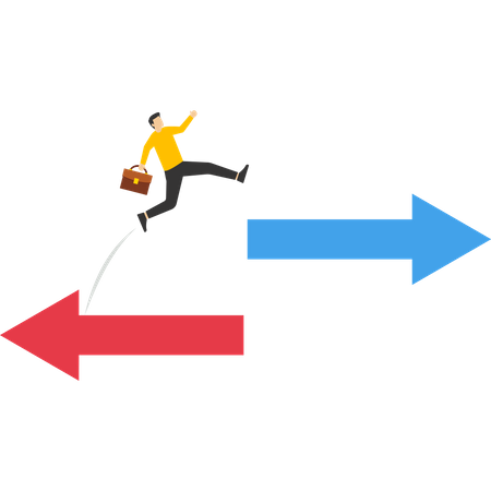 Entrepreneur investor jumping from red arrow to blue arrow up  Illustration