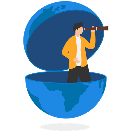 Entrepreneur open globe using binoculars looking for future vision Illustration