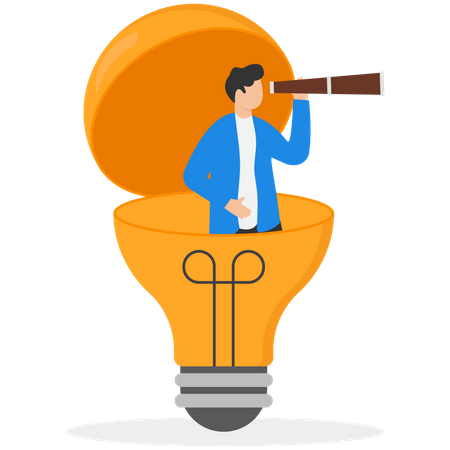 Entrepreneur open lightbulb idea using binoculars to see business vision  イラスト