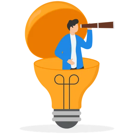 Entrepreneur Open Lightbulb Idea Using Binoculars To See Business Vision Creativity To Help See Business Opportunity Vision To Discover New Solution Or Idea Curiosity Searching For Success Concept Illustration