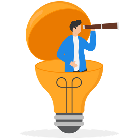 Entrepreneur open lightbulb idea using binoculars to see business vision  Illustration