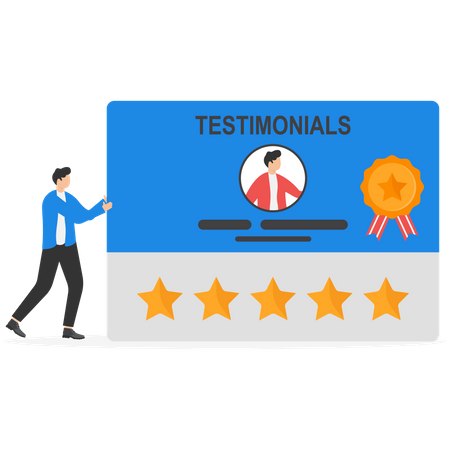 Entrepreneur pushing testimonial cards with good reviews  Illustration