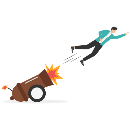 Entrepreneur shot from explosive cannon boosting high to achieve business success  イラスト