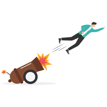 Entrepreneur shot from explosive cannon boosting high to achieve business success  Illustration