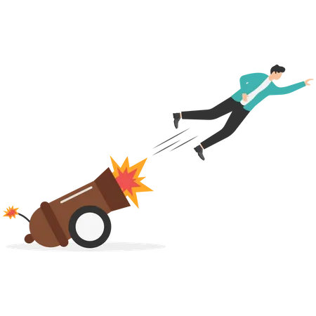 Entrepreneur shot from explosive cannon boosting high to achieve business success  Illustration