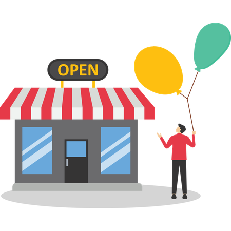 Entrepreneur standing with his new opening company or store front  Illustration