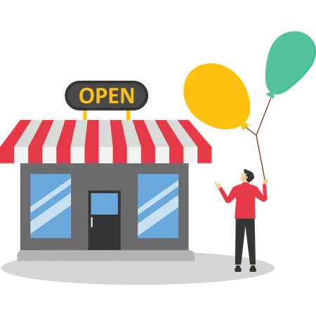 Entrepreneur standing with his new opening company or store front  Illustration