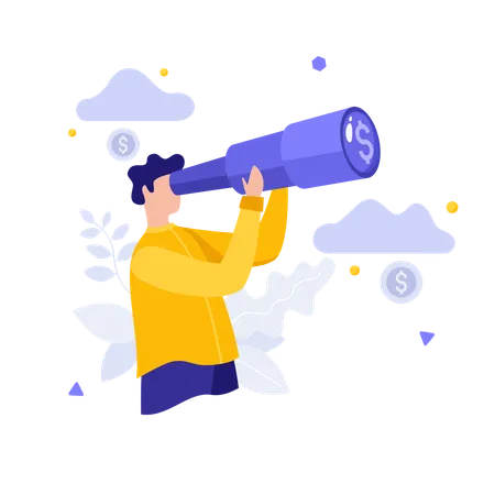 Entrepreneur With Spyglass Looking For Money  Illustration