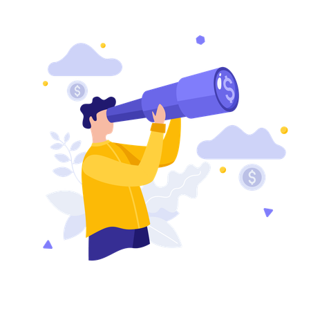 Entrepreneur With Spyglass Looking For Money  Illustration