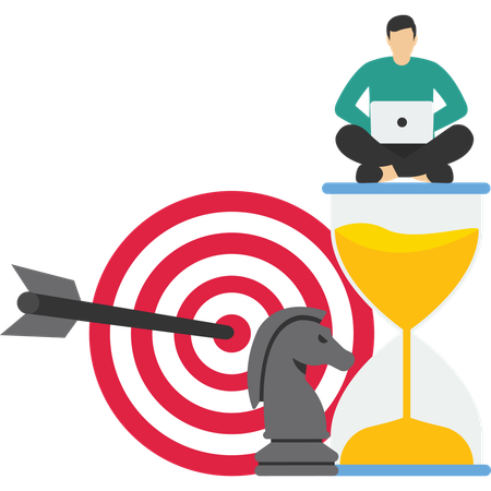 Entrepreneur working with computer sit on target with chess knight and sandglass  Illustration