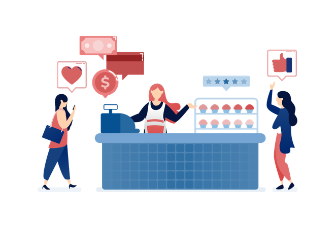 Entrepreneurial woman running retail pastry street stall  Illustration