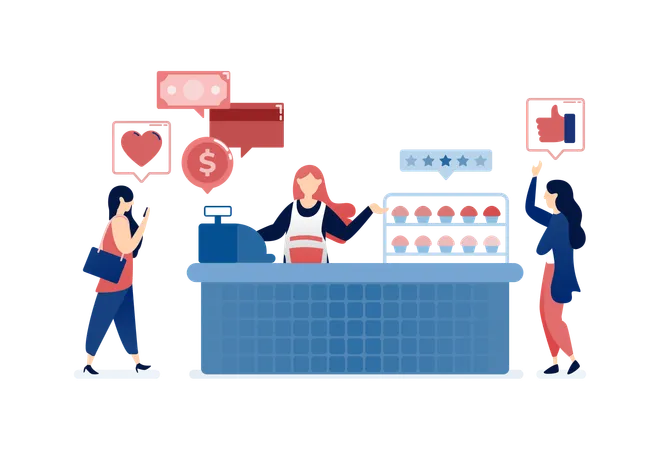 Entrepreneurial woman running retail pastry street stall  Illustration