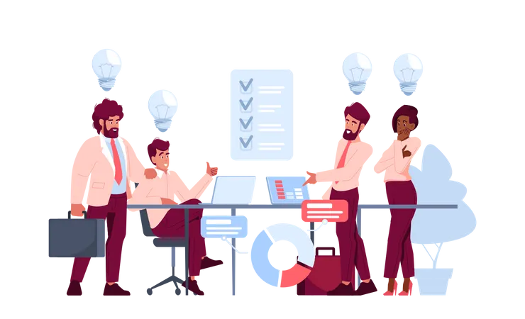 Entrepreneur Characters Brainstorming At Meeting In Office Young Men And Woman Thinking About New Business Ideas People Creating Startup Project Implementation Plan Cartoon Vector Illustration Illustration