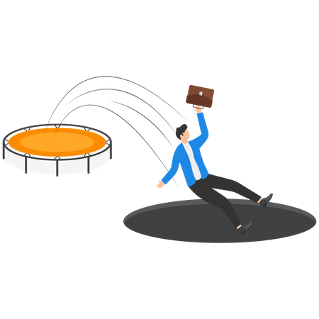 Entrepreneurs get into hole after jumping on a trampoline  Illustration