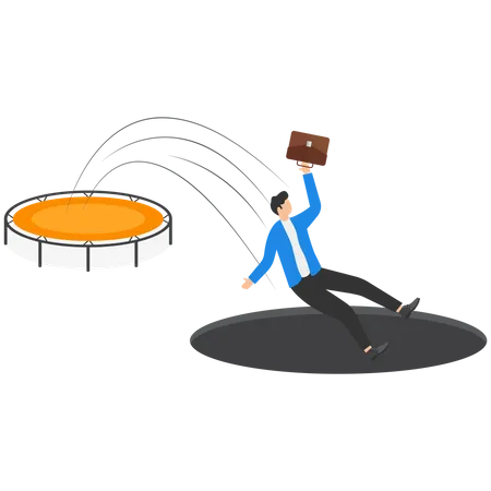 Entrepreneurs get into hole after jumping on a trampoline  Illustration