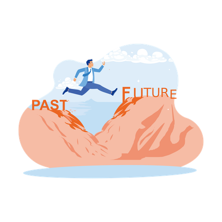 Entrepreneurs Jump From Cliff Of Past To Future  Illustration