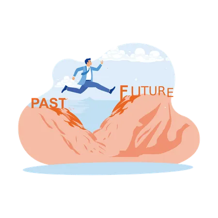 Entrepreneurs Jump From Cliff Of Past To Future  Illustration