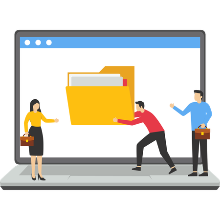 Entrepreneurs organize document files into archive folders on computer  Illustration