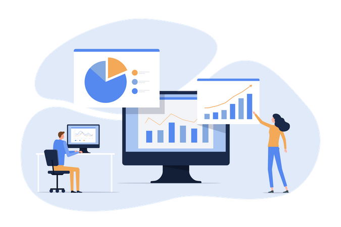 Équipe commerciale travaillant avec un tableau de bord graphique  Illustration