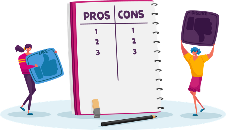 Treffen Sie eine Entscheidung am Notebook mit einer Pro- oder Kontra-Liste  Illustration