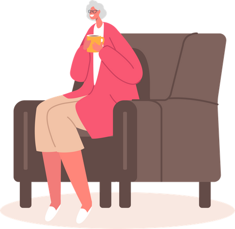Entspannte ältere Frau bequemen Stuhl Tee trinken  Illustration