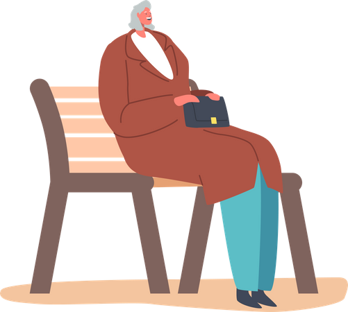 Entspannte ältere Frau sitzt auf Bank  Illustration