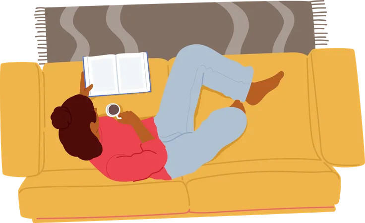 Entspannte Frau liest Buch auf bequemer Couch  Illustration