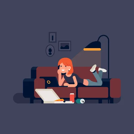 Entspannte junge Frau liegt auf einem Sofa und sieht sich einen Film auf einem Laptop mit Pizza-Lieferkarton an  Illustration
