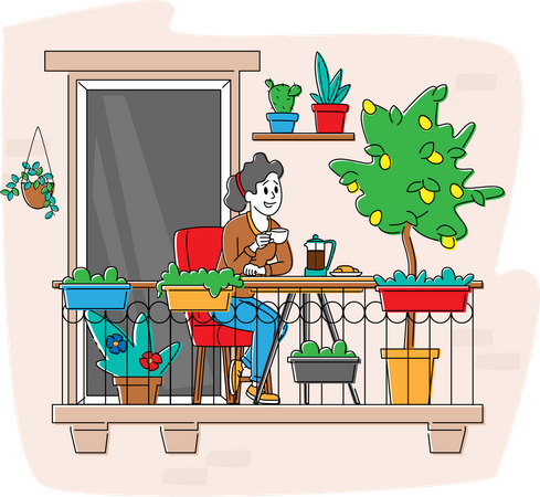 Entspannte weibliche Figur sitzt im bequemen Sessel und trinkt Kaffee auf dem Balkon des Hauses mit Topfpflanzen oder Blumen  Illustration