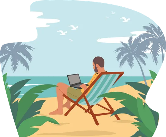 Entspannter Geschäftsmann, der im Urlaub arbeitet  Illustration