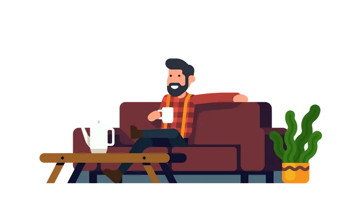 Entspannter Mann sitzt auf der Couch und hält eine Tasse Kaffee  Illustration