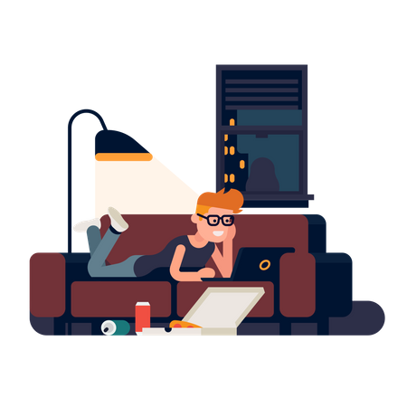 Entspannter Typ liegt auf einem Sofa und sieht sich einen Film auf einem Laptop mit Pizza-Lieferkarton an  Illustration