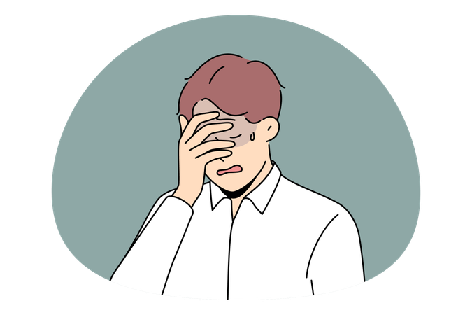 Enttäuschter Mann berührt sein Gesicht mit schlechten Gedanken und fühlt sich deprimiert und unglücklich  Illustration