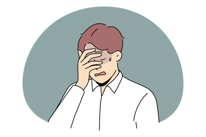 Enttäuschter Mann berührt sein Gesicht mit schlechten Gedanken und fühlt sich deprimiert und unglücklich  Illustration