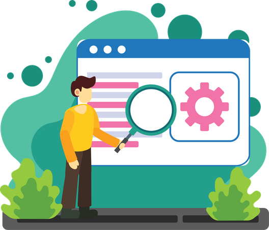 Entwickler analysiert Website mit Lupe  Illustration