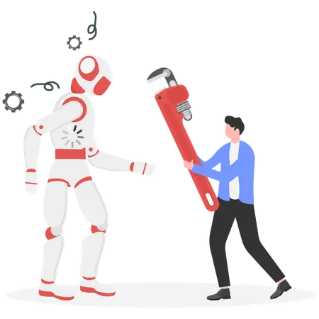 Entwickler repariert kaputten Roboter  Illustration