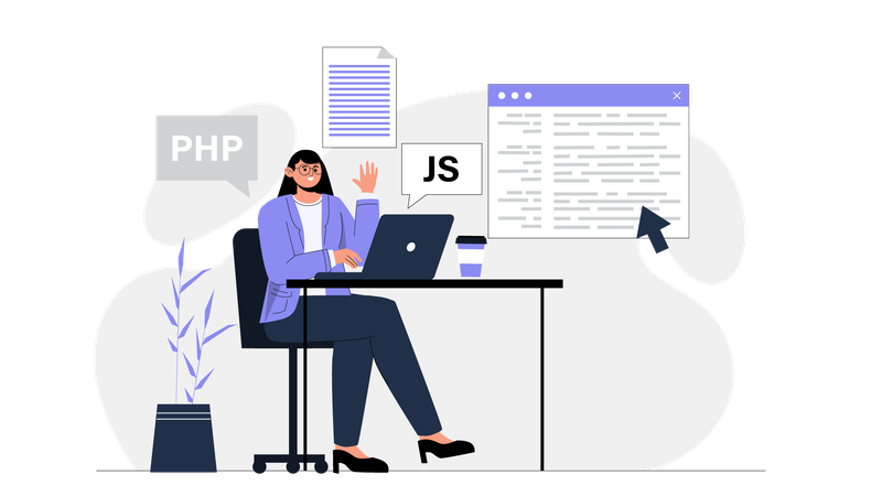 Entwicklerin arbeitet an PHP-Codierung  Illustration