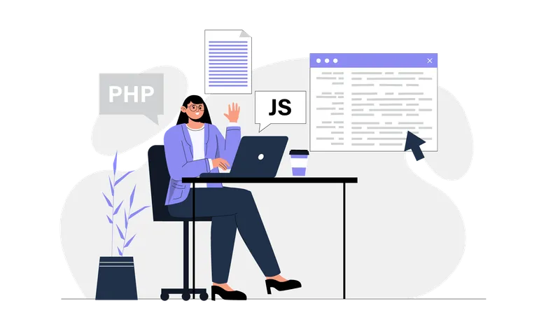 Entwicklerin arbeitet an PHP-Codierung  Illustration