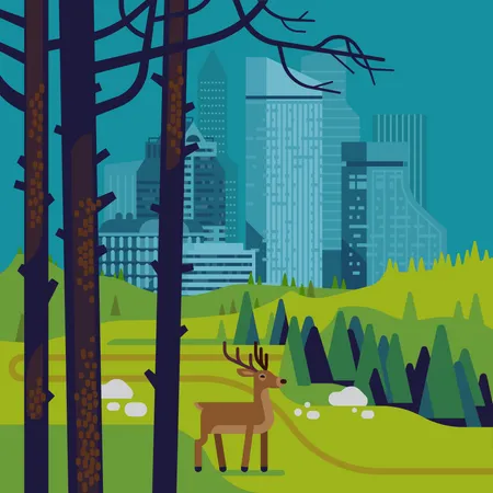 Environment and ecology themed design with a deer stag standing in the middle of nature reserve park valley with large city in the background  Illustration