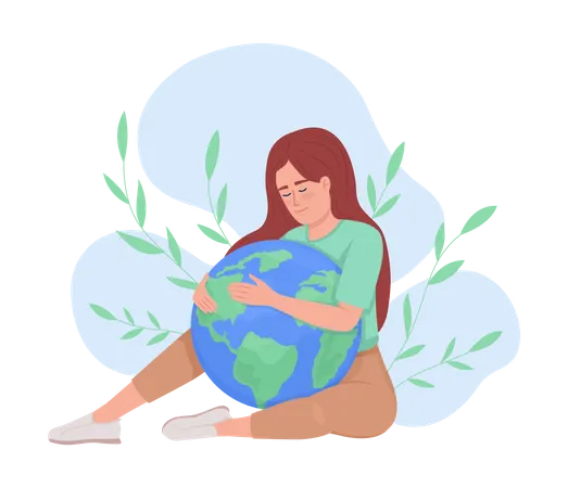 Environment Care 2 D Vector Isolated Illustration Woman Hugging Earth Flat Character On Cartoon Background Nature Protection Colourful Editable Scene For Mobile Website Presentation Illustration