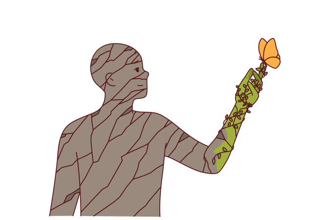 Environment helps stone man to flourish and gain freedom through synergy with nature or biodiversity  Illustration