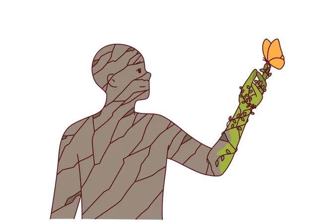 Environment helps stone man to flourish and gain freedom through synergy with nature or biodiversity  Illustration