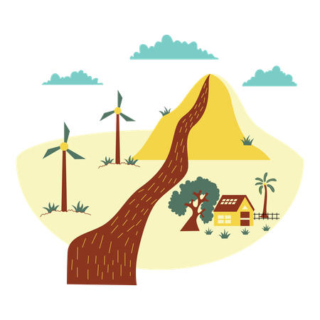Environment of landscape with windmill  Illustration