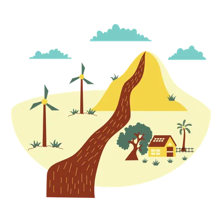 Environment Of Landscape With Windmill Vector Illustration In Flat Style With Environment Theme Editable Vector Illustration Illustration