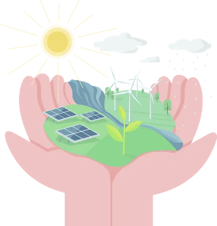 Environment Protection Flat Concept Vector Illustration Hands Holding Land With Solar Panels And Wind Turbines Eco Friendly Living 2 D Cartoon Element For Web Design Use Alternative Energy Creative Illustration