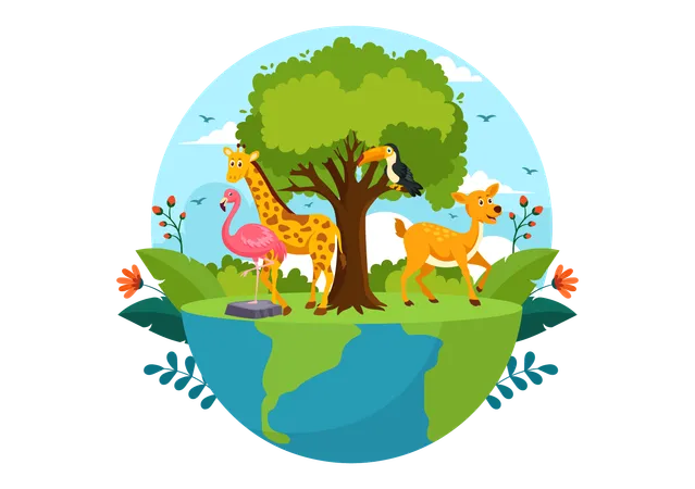 World Environment Day Vector Illustration With Green Tree And Animals In Forest For Save The Planet Or Taking Care Of The Earth In Flat Background Illustration