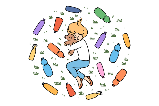 Environmental disaster and plastic waste causes stress in teenage girl lying among bottles on lawn  Illustration