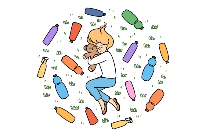 Environmental disaster and plastic waste causes stress in teenage girl lying among bottles on lawn  Illustration